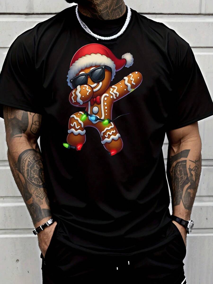 Camiseta de hombre con estampado navideño de hombre de jengibre, gorro de Papá Noel y luces - Manga corta, informal, para fiestas navideñas, uso diario y como regalo (diseño de gafas de moda - Negro - Ver 1