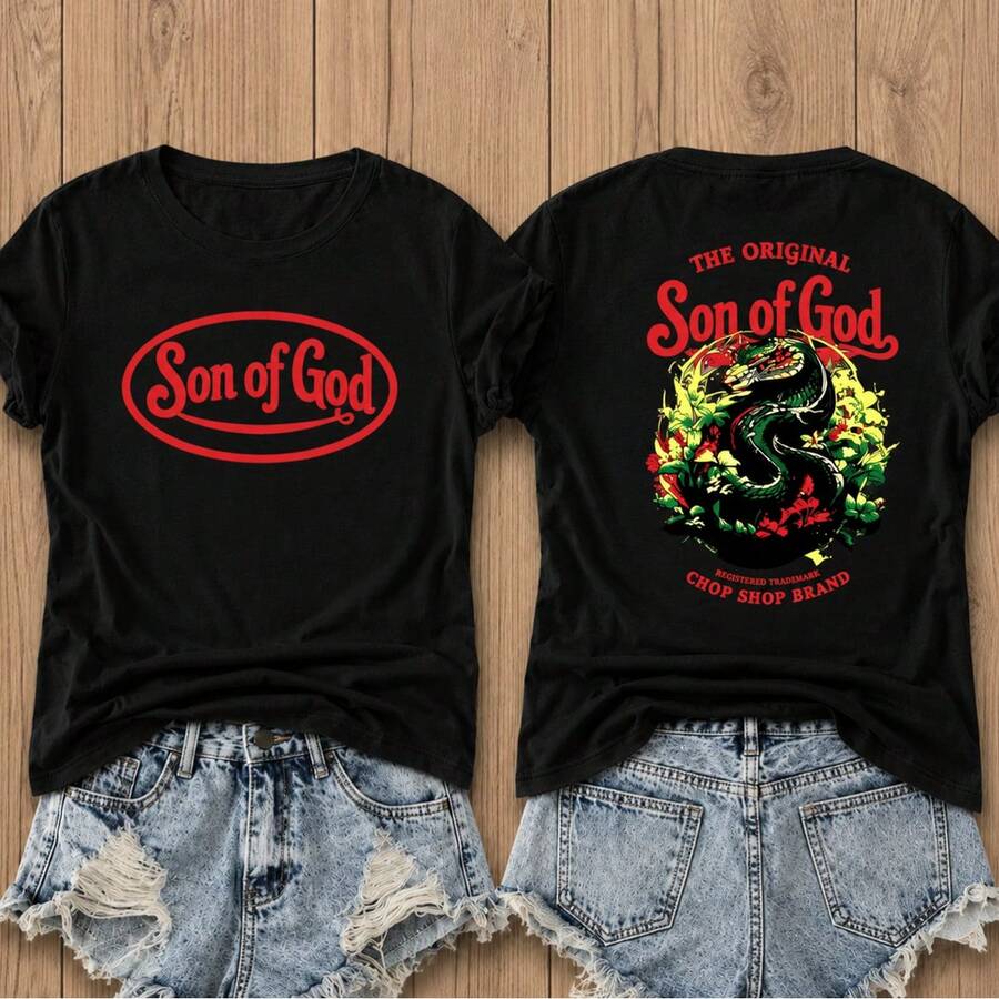 Women's 'Son Of God' Black Cotton T-Shirt With Round Neck, Short Sleeve Casual Top With Slight Stretch For Everyday Wear - 黑色 - 查看 1