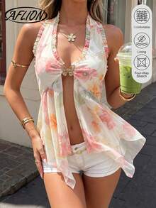 Aflion Women's Summer Floral Halter Tank Top, Ruffle Trim Butterfly Front Cut Out Tie Back Irregular Hem Vacation Blouse - Yellow - View 1