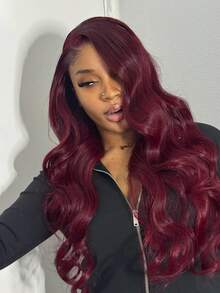 13X4 Front Lace Real Human Hair Wig For Women 99J Burgundy Colored Body Wave Remy Hair With Bangs Long Hair Pre Plcuked Natural Hairline Date Party Vacation 180 Density - S99JA/BUGA - View 8