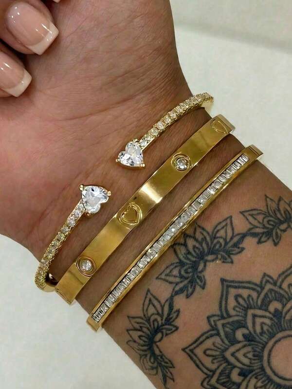 Stainless Steel 18K Gold Plated Heart-Shaped Rhinestone Bracelet Set, Copper Open Bangle With Cubic Zirconia, Fashionable Daily Wear And Women's Gift