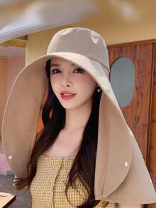 1pc Women's Multi-Color Wide Brim Hat With Round Buckle, Fashion Casual Shawl Sun Hat, Suitable For Street And Beach, UV Protection - A - View 6
