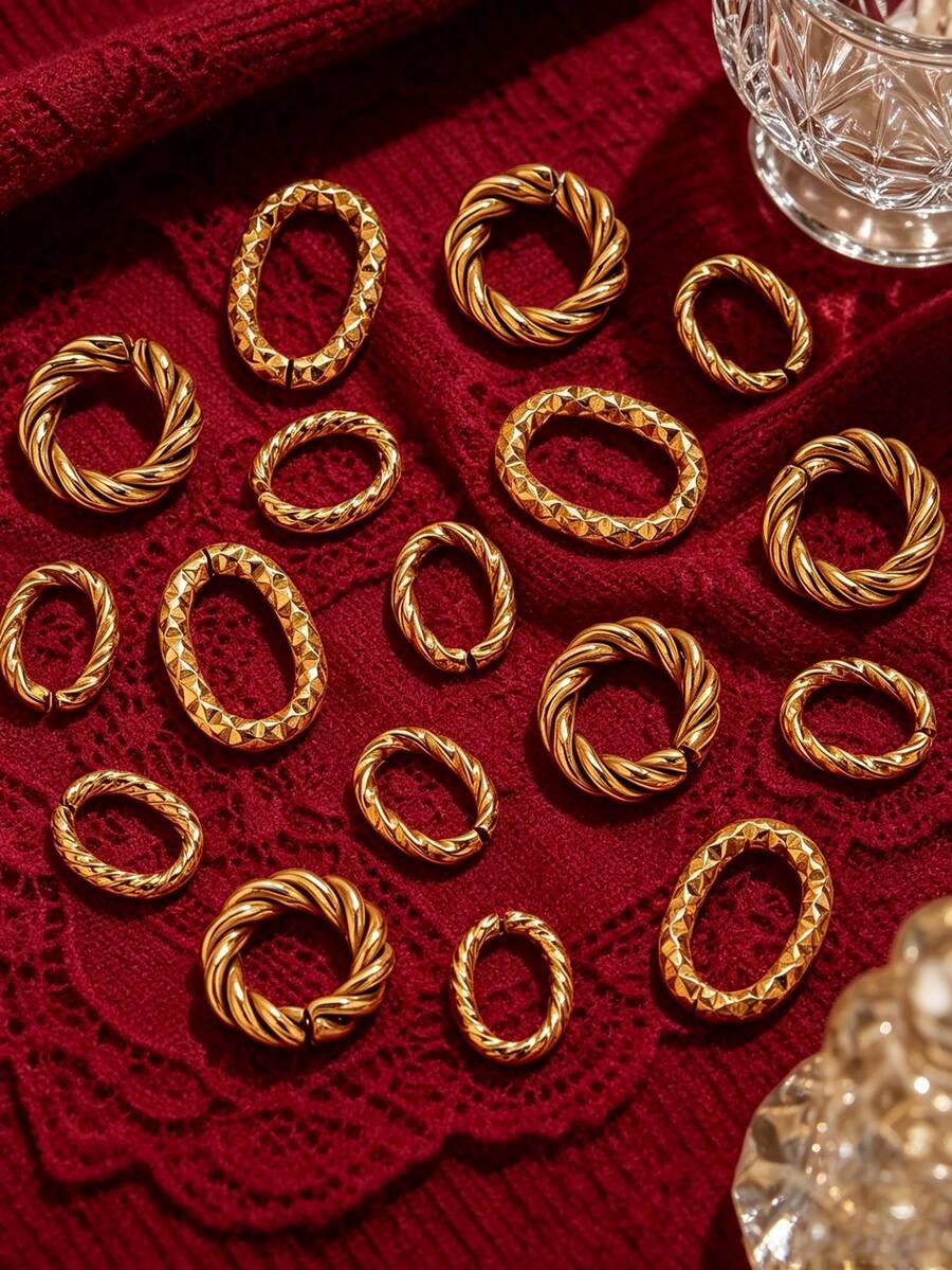20pcs 304 Stainless Steel Spring Jump Rings, Gold Plated Mixed Twisted Hammered Open Connector Rings, Oval Open Rings, Suitable For DIY Jewelry Making - Connecting Ring - View 1