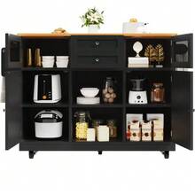 Kitchen Island, Serving Cart With Worktop, Sideboard, Wood-Finish Serving Cart, Side Towel Rack, Three-Dimensional Cupboard Doors On Casters, Adjustable Partitions, White - 黑色 - 查看 9