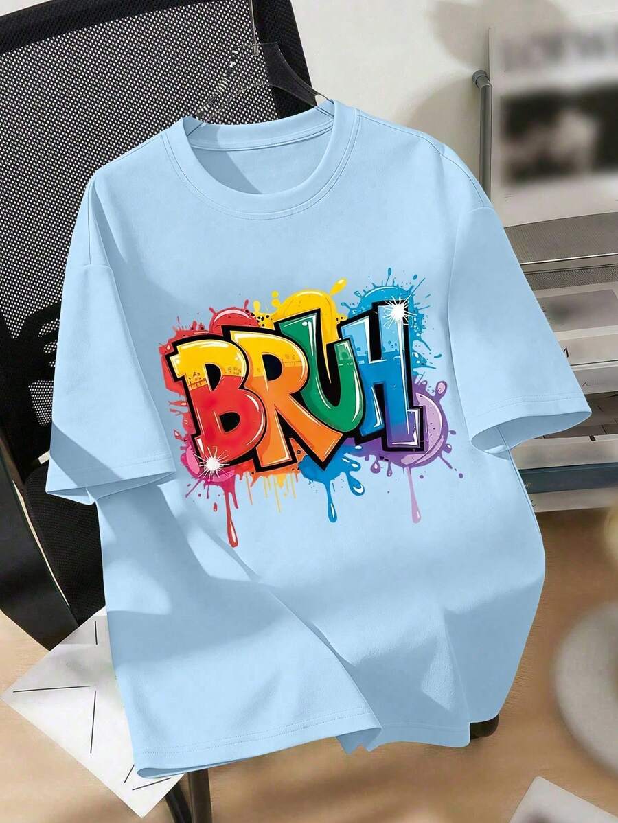 Crew Neck T-Shirt With Colorful Letter Print For Teens, Soft Casual Summer Top - 酒紅色 - 查看 1