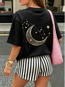 2pcs Vintage American Style Sun Moon Star Print, Striped Colorblock Casual INS Style Women's Round Neck Pajama Set, Loungewear - Black - View 2
