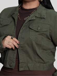 Women's Plus Size Cropped Denim Jacket With Covered Button Hem, Twill Fabric, Sizes G1 To G4 - Army Green - View 3