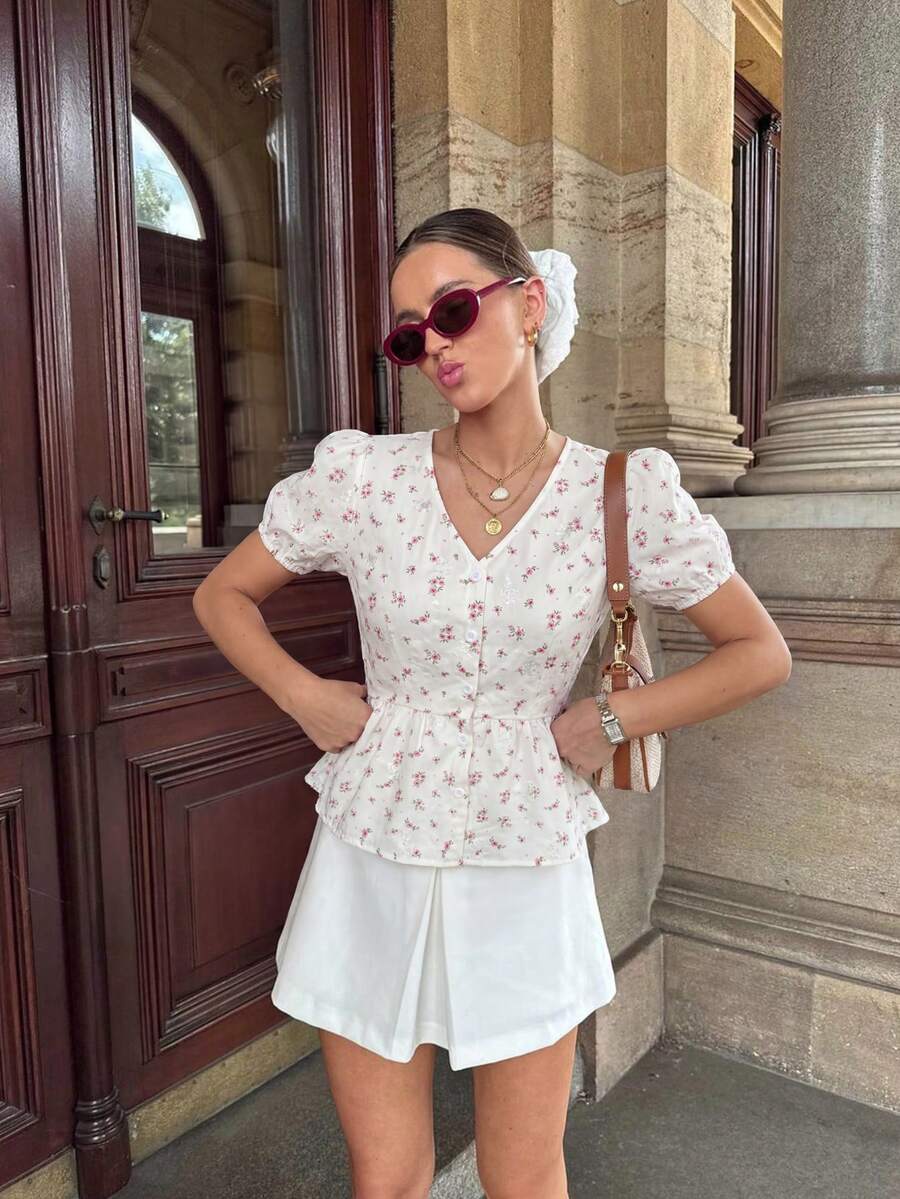 HoloChill Women's Young Influencer Casual Style Color Block Print Short Sleeve Top, Summer Casual 2026 New Arrival, Fashionable Women's Floral Puff Sleeve V-Neck Top, Button Front Ruffle Trim Blouse, Regular Length, Summer Top, Women's Spring Clothing, Women's Holiday Party Top, Women's Beach Outfit, Women's Outing Top, Women's Elegant Top, Summer Vacation Outfit - White - View 1