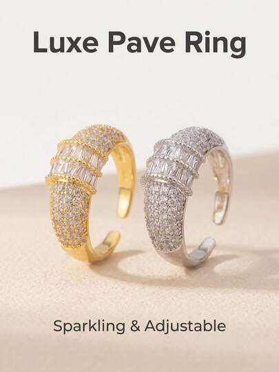 Adjustable Opening Copper Ring Inlaid With Full Cubic Zirconia Diamonds Gold/Silver Plated Luxury Statement Piece For Daily And Party Wear Jewelry