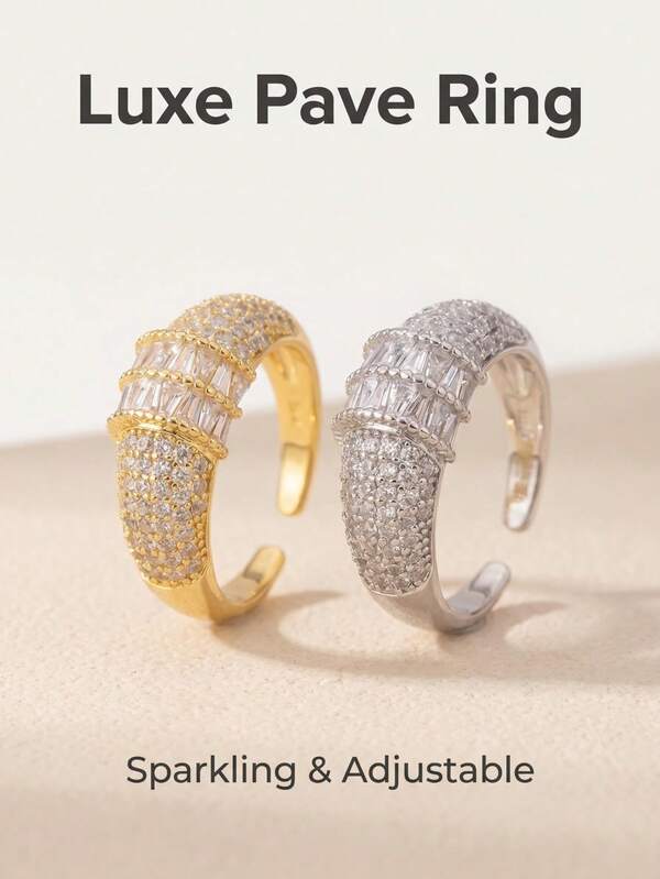 Adjustable Opening Copper Ring Inlaid With Full Cubic Zirconia Diamonds Gold/Silver Plated Luxury Statement Piece For Daily And Party Wear Jewelry