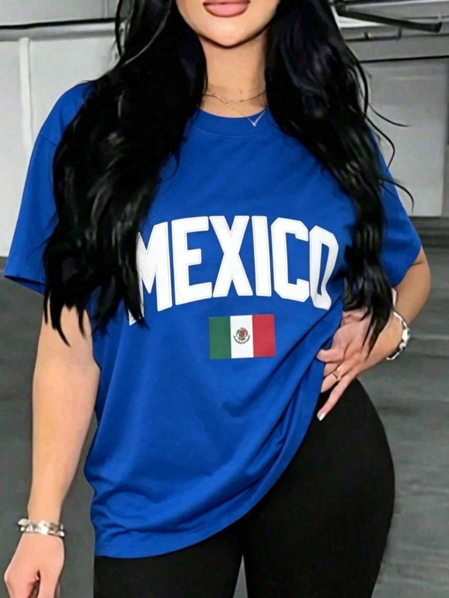 Blusas para mujer, camiseta de algodón suave de talla grande para mujer con estampado de la bandera de MÉXICO, regalo para amantes de los viajes,atuendo de moda,vestidos de verano para mujer - Azul - Ver 1