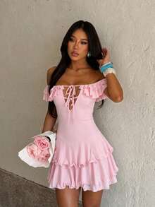 Women's Summer Dress, Ruffle Hem Sexy Dress Elegant Pink - Pink - View 1