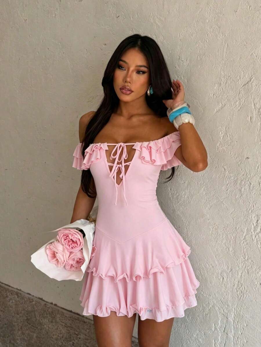 Women's Summer Dress, Ruffle Hem Sexy Dress Elegant Pink - Pink - View 1