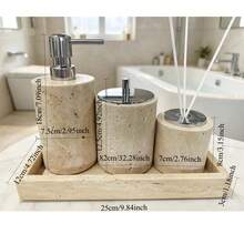Luxury Marble Bathroom Accessories Set, Soap And Lotion Dispenser Bottles, Reed Diffuser With Tray, Elegant Vanity Storage Box, Home Decor - Beige - View 3