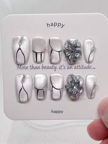 10Pcs Handmade Press On Nails Short Coffin, Luxury Elegant Metallic Silver White Cat Eye Hand Painted Line Rhinestone Flower Acrylic Fake Nails For Women Daily Wear Press On Nail Set - Follow Your Heart - View 3