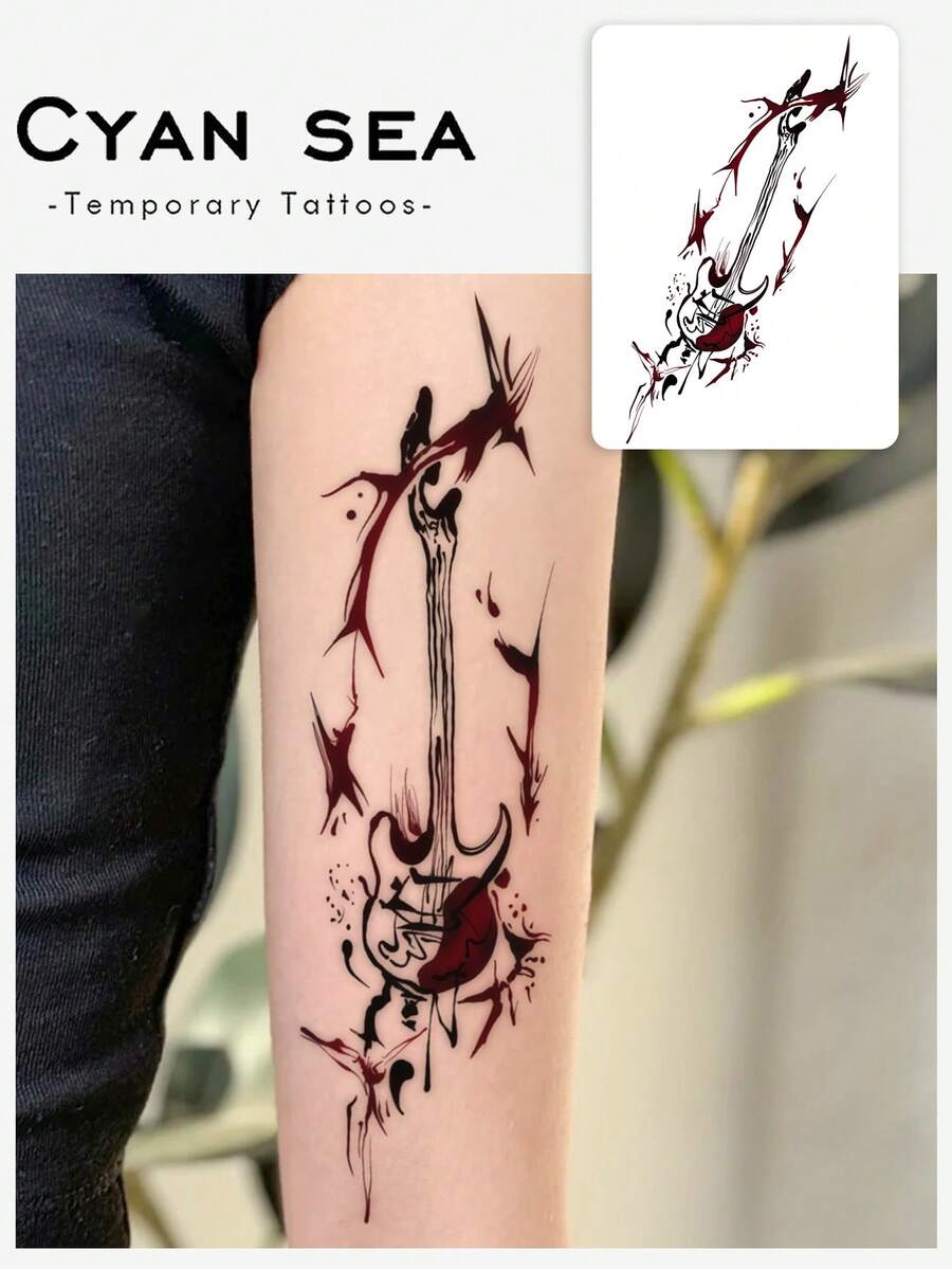1 pieza Tatuaje temporal con patrón de grafiti de guitarra borroso de tinta oscura, diseño de tatuaje simulado, adecuado para viajes, festivales de música, juegos, regalos de graduación, dura de 3 a 5 días - Multicolor - Ver 1