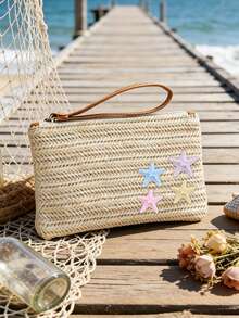 Straw Woven Clutch Bag With Starfish Decoration, Fresh Ocean Style Woven Coin Purse, Lightweight Durable Large Capacity Zippered Storage Bag, Summer Beach Vacation Bag, Travel Shopping Carry-On Organizer, Summer Gift For Girls And Besties, High Aesthetic, Suitable For Daily Casual / Vacation Travel, Easily Store Lipstick Keys And Small Items, Say Goodbye To Clutter, Full Of Summer Vibes, Perfect For Gifting Or Personal Use - Multicolor - View 5