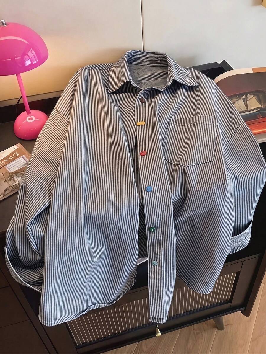 Women's Elegant Cute Minimalist Fresh Casual Daily Home Commute Versatile Colorful Asymmetric Button Striped Loose Shirt - Black and White - View 1