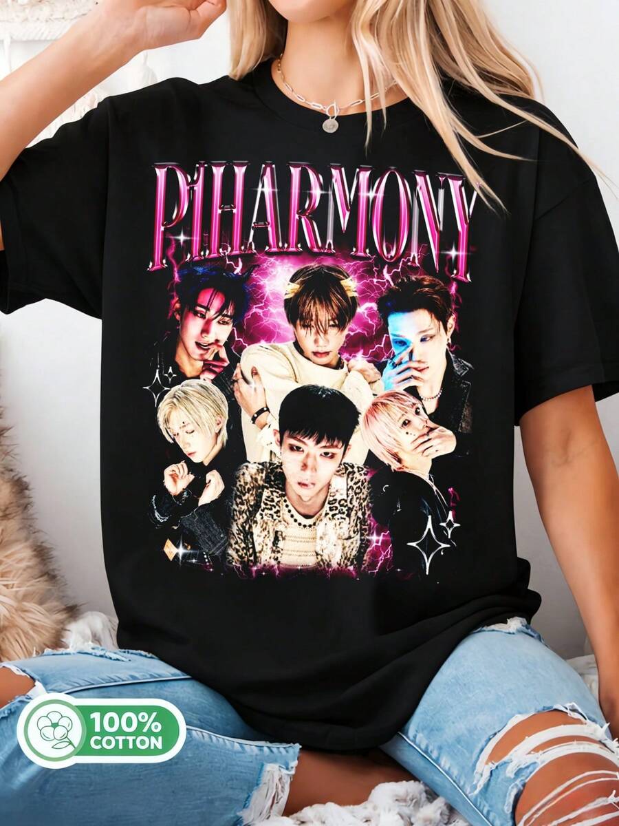 Retro P1Harmony, P1harmony Duh! Album T-Shirt, P1Harmony Utop1A Tour T-Shirt, P1Harmony Sad Song Album T-Shirt, P1Harmony Members Tee - Black - View 1