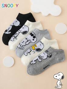 5雙正版SNOOPY系列小狗表情圖案趣味卡通女款短襪，運動襪，四季適用，歐美尺寸，舒適透氣耐穿，色彩豐富，適合日常穿著，優質面料，不悶腳 - 彩色 - 查看 1