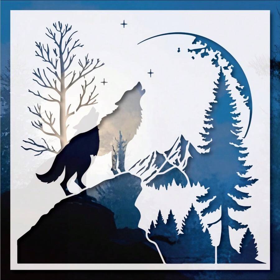 Premium Wolf Mountain Landscape Art Stencil, Reusable Wilderness Scene Template For Statement Wall Decor, Canvas, Fabric And Modern Home Design - White - View 1