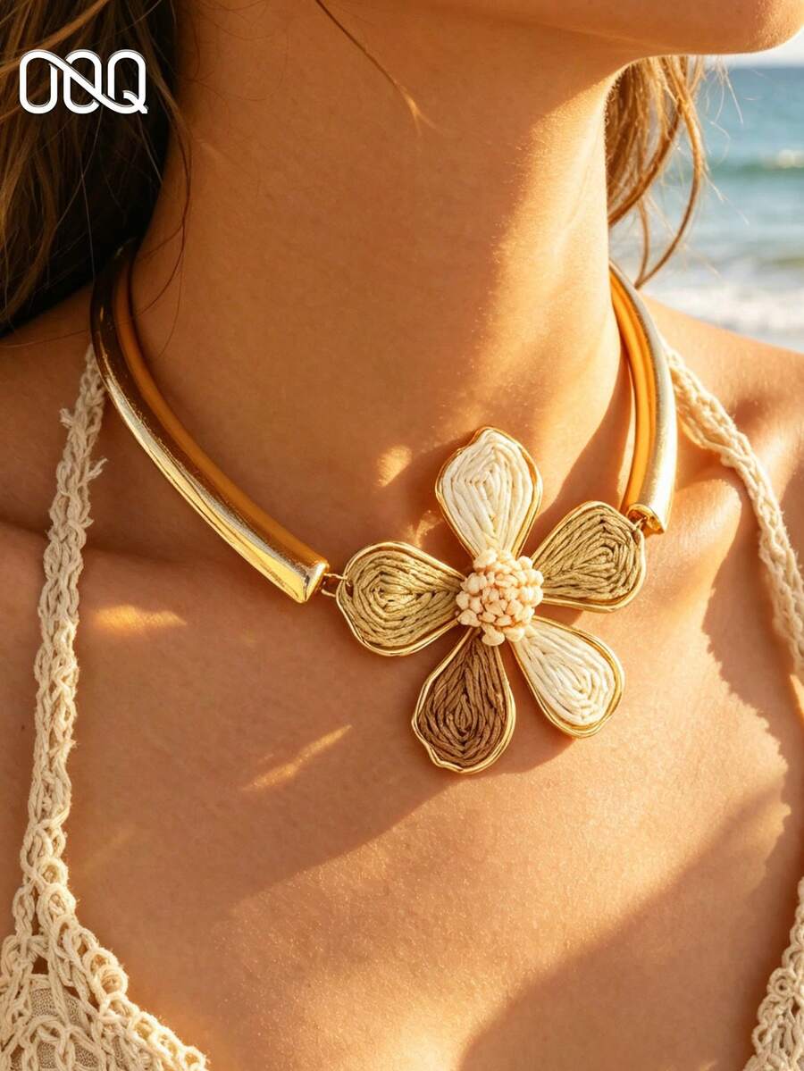 OOQ 1pc Casual Minimalist Raffia Straw Woven Flower Pendant Necklace Choker, Elegant Fashion Versatile Women's Jewelry Accessory, Suitable For Daily Wear, Gift For Best Friend (Handmade Raffia Straw Weaving, Random Direction And Shape) - Mixed Coffee Color - View 1