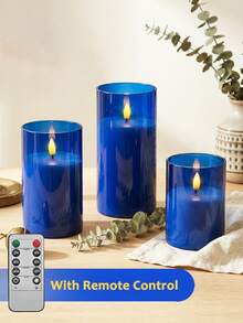 3pcs Flameless Candle Lights, With Remote Control/Timer Function, Battery Powered, Suitable For Christmas, Halloween, Valentine's Day, Mother's Day, Gift, Birthday, Proposal, Wedding, Dining Table, Party - Blue - Warm Light - View 2