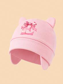 1PC Newborn Pink Cat Ear Beanie, Bowknot A-Z Letter Print Ear Protector Baby Hat, Soft Breathable Hospital Cap, Suitable For Baby Daily Rest And Sleep - Pink - View 6