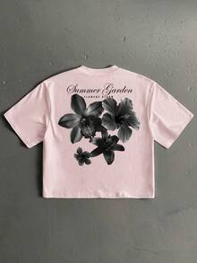 Manfinity LEGND Men's Floral Handwritten Font Print Casual Loose Fit Short Sleeve T-Shirt, Dating And Meeting Essential,  Couple Gift For Boyfriend - 羅莎 - 查看 1