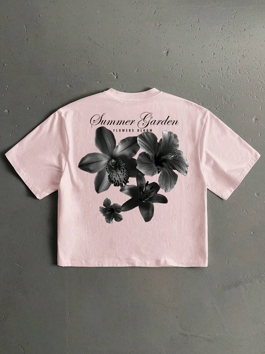 Manfinity LEGND Men's Floral Handwritten Font Print Casual Loose Fit Short Sleeve T-Shirt, Dating And Meeting Essential, Couple Gift For Boyfriend - 羅莎 - 查看 1