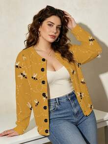 ASHKATIA Yellow Bee Pattern Women's Plus-Size Vintage Cardigan Sweater, Fall Winter Knit For Social Occasions - Multicolor - View 13