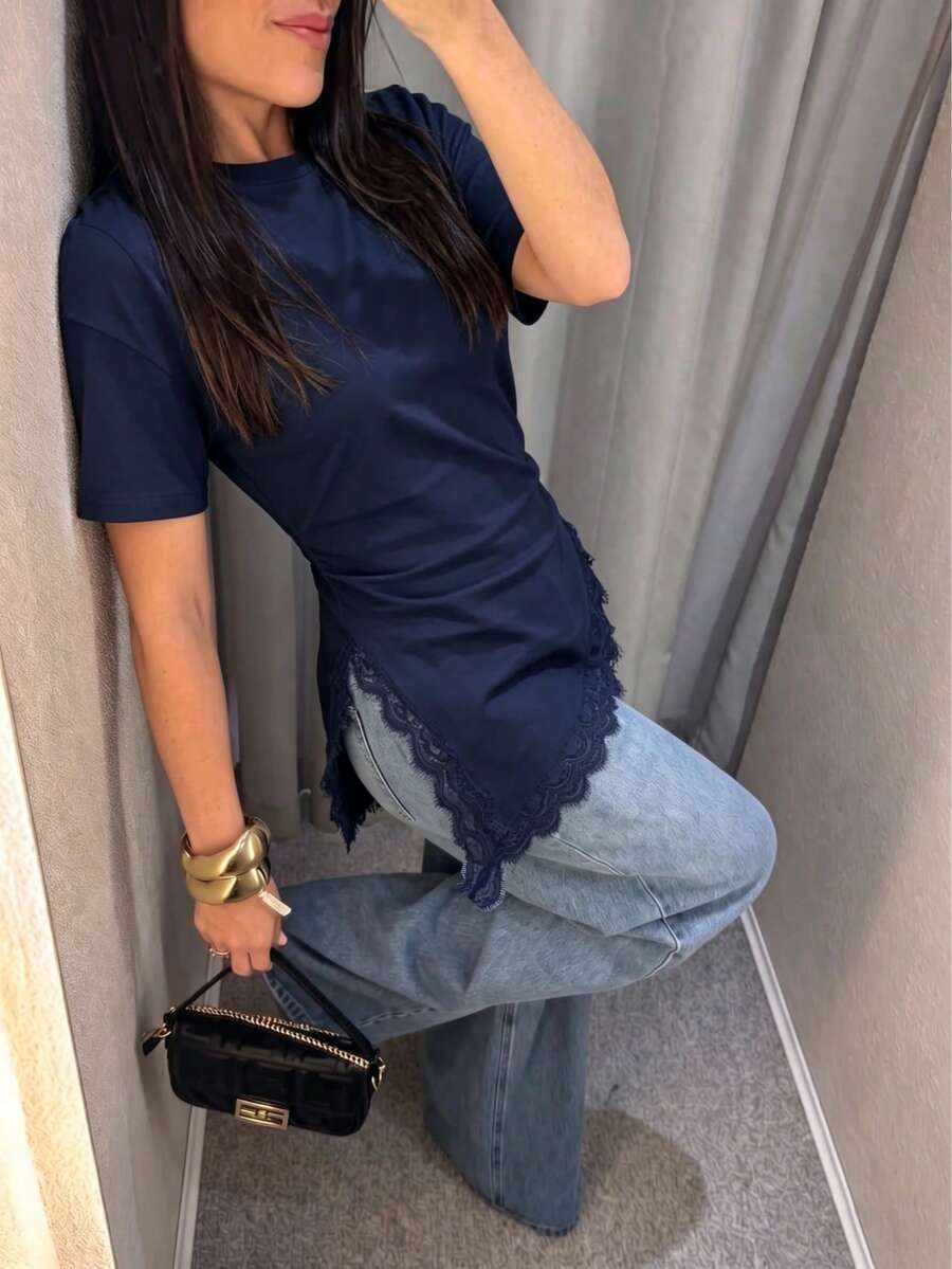 對比色蕾絲飾邊純色不對稱女款T恤,休閒返校風,春夏款 - 寶藍色 - 查看 1