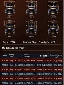 PENN AC 系列金屬淺線杯碳纖維手柄輕量化防腐蝕釣魚捲線器 - 彩色 - 查看 7