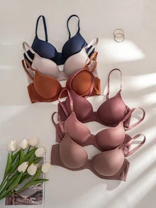 6pcs/Set Women's Solid Color Ribbed Wireless Bra Comfortable Lingerie - Multicolor - View 4