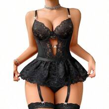 Lilosy Sexy Stocking Rhinestones Heart Garter Underwire Floral Mesh Lace Sheer Babydoll Lingerie Teddy Bodysuit Skirt Set - 甜黑 - 查看 3
