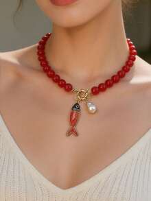 ZA Collar de mujer con colgante de pez pintado a mano y cuentas| Estilo bohemio náutico multicolor Regalo de Pascua Joyería para fiesta en la playa - Pez de metal C - Ver 6