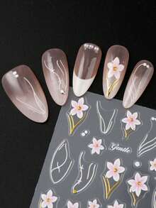 2pcs Embossed Pink Cherry Blossoms Flower French Nail Stickers Elegant Camellia Lily Floral Nail Decals With Golden Lines Wedding Nail Charms Nail Supplies Manicure - Multicolor - View 3