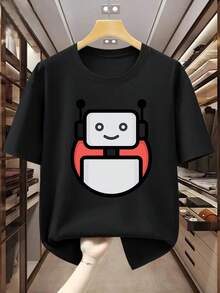 Men's T-Shirts 2026 Men's T-Shirts Plus Size Men's 100% Cotton Short Sleeve T-Shirt With Cartoon Robot Print, Comfortable And Casual Short Sleeve T-Shirt - 黑色 - 查看 1