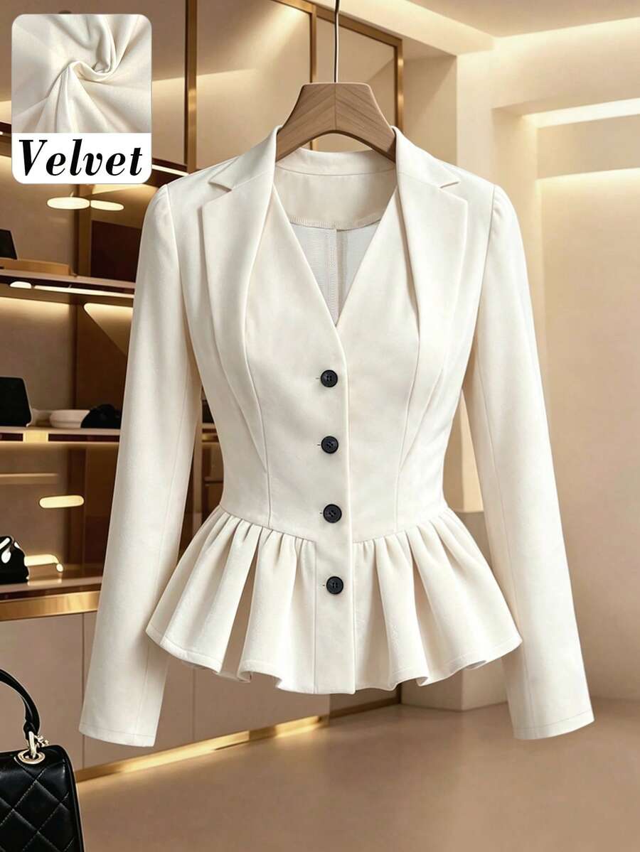 Women's Autumn/Winter Office Daily High-Quality Solid Color Collar Design Waist-Cinching Ruffle Hem Long Sleeve Blazer - White - View 1