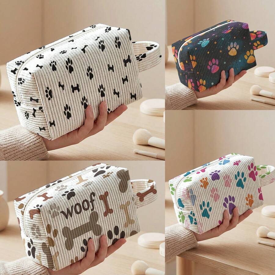 1pc Dog Paw Print Corduroy Tote Bag, Cosmetic And Toiletry Bag, Zipper Closure, Foldable, Durable, Multi-Purpose, Suitable For Travel, Daily Use And Students - Multicolor - View 1