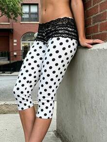 Womens Lace Trim Plain 3/4 Leggings Gym Stretch Capri Cropped Jogging Pants - White - View 3