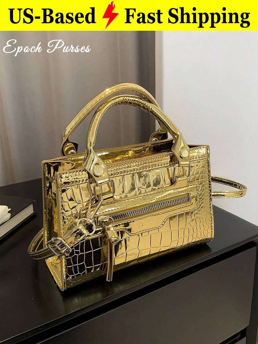 Women's Crossbody Bag Purse Metallic Crocodile Print Handle Satchel Shoulder Bag Purse Women's Retro Texture Crossbody Bag Mini Square Handbag Small Everyday Clutch Purses Suitable For Sending Friends Shopping, Dating, Business Trips, And Business Use Thanksgiving Dinner Purse - 彩色 - 查看 1