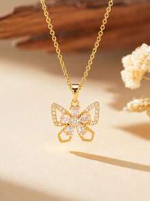 1pc Elegant Butterfly Shaped Necklace, Copper Inlaid With Clear Cubic Zirconia, Gold Tone Stainless Steel Link Chain, Women's Jewelry For Gift/Date - Multicolor - View 1