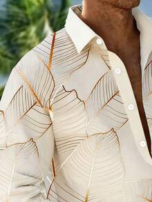 Gold Foil Plant Leaf Gradient Digital Print Men's Plus Size Button Pocket Long Sleeve Hawaiian Shirt - Apricot - View 4