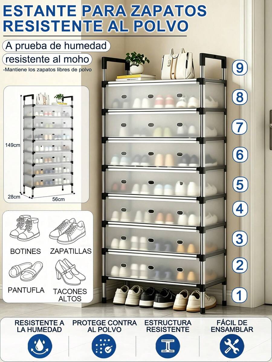 Double Shoe Rack Organizer With Waterproof Fabric Cover, 8-Tier Steel Frame Shelf, 8-Tier Canvas Shoe Rack, Shoe Cabinet, Freestanding Shoe Organizer For Living Room And Hallway, Can Store 36 Pairs Of Shoes With Dustproof Cover. - 銀色 - 查看 1