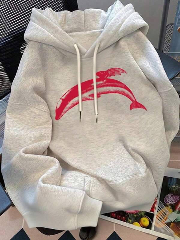 Sudaderas de Mujer Sudadera con capucha de corte holgado con estampado de ballena roja, a la moda y versátil, ideal para un estilo casual