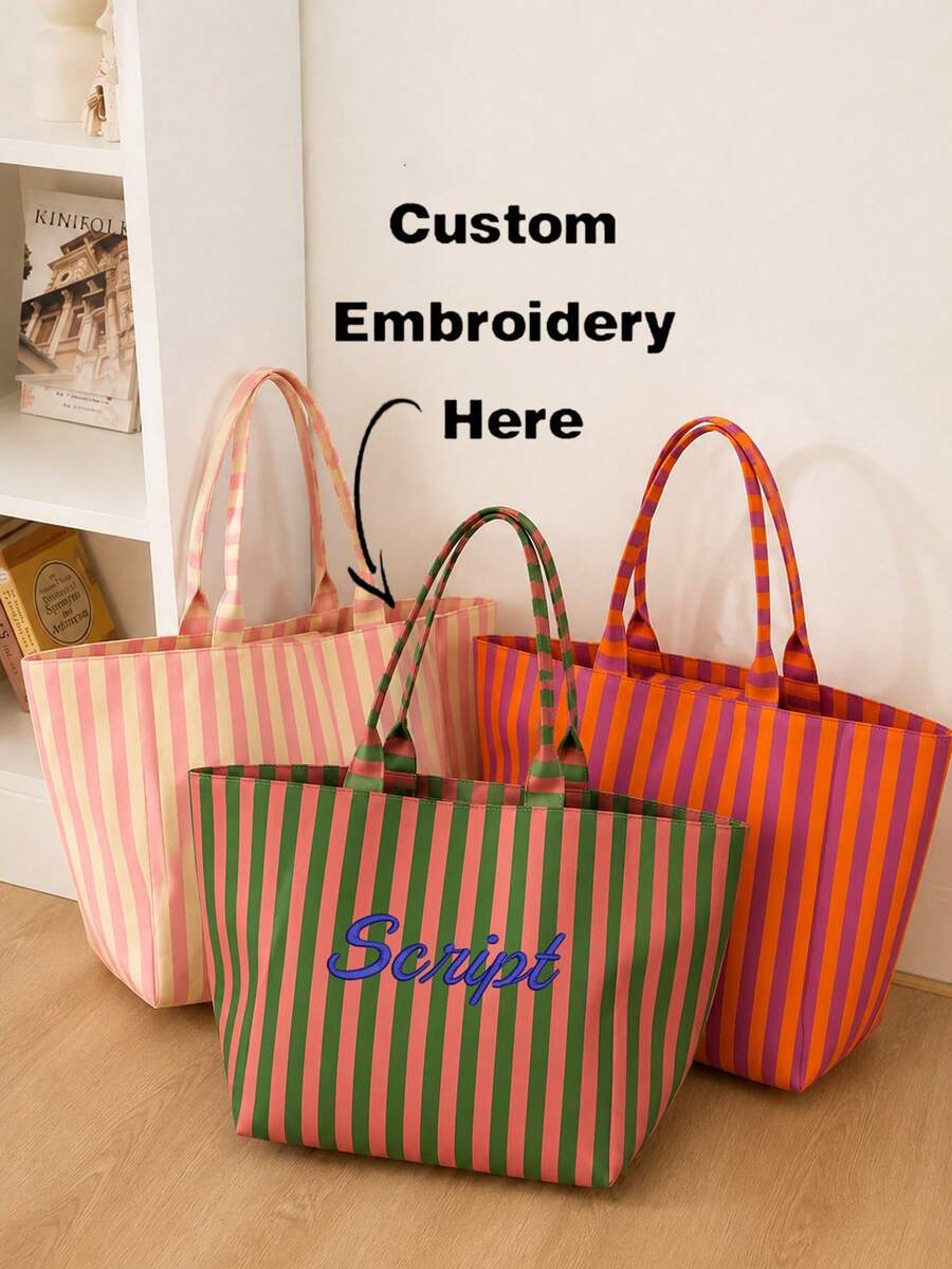 (客製化) 個性化刺繡極簡條紋帆布托特包，原創小眾百搭通勤大容量手提包，學生校園單肩包