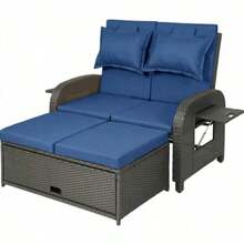 Wicker Outdoor Daybed, 3-In-1 Convertible Design With Reclining Sofa, Rattan Daybed For Outdoor Use - Beige + Azul Marino + Algodón + Poliéster + Ratán + Acero - View 6