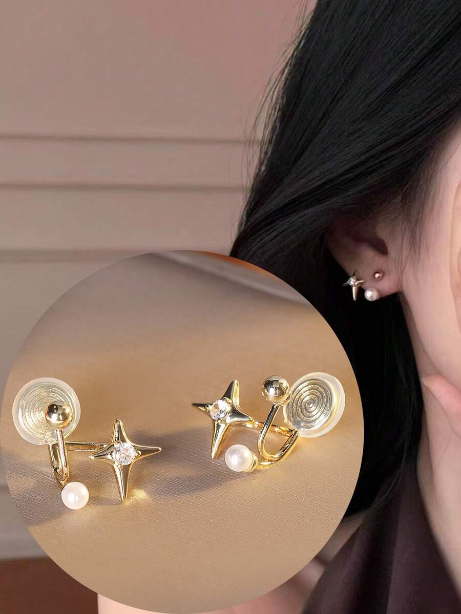 1 Pair Fashionable New Zirconia Small Star & Faux Pearl Clip-On Earrings For Women, No Piercing Required, Elegant Elegant Ear Jewelry, Suitable For Daily Wear And Holiday Gifts