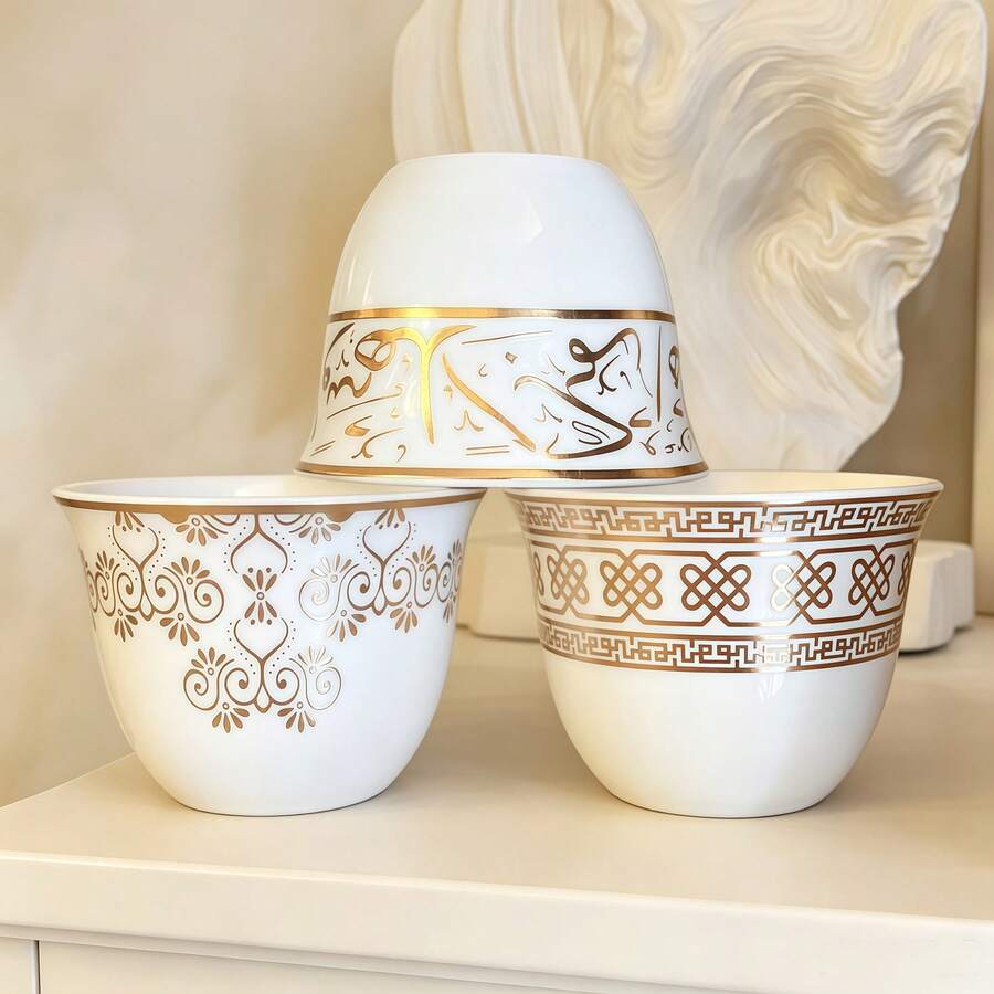 8pcs Ceramic Tea Cup Set, Gold Arabic Letter Tea Cups, Cute Mini Coffee Cups, Vintage European Style, Suitable For Black Tea, Water, Kitchen, Restaurant, Party, Wedding, Holiday, Birthday, Guest Reception And Back To School Tea Set